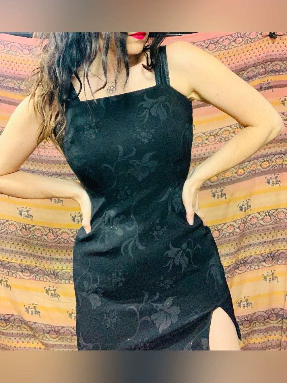 Vintage Rampage Black Floral Square-Neck Mini Dress with Side Slit